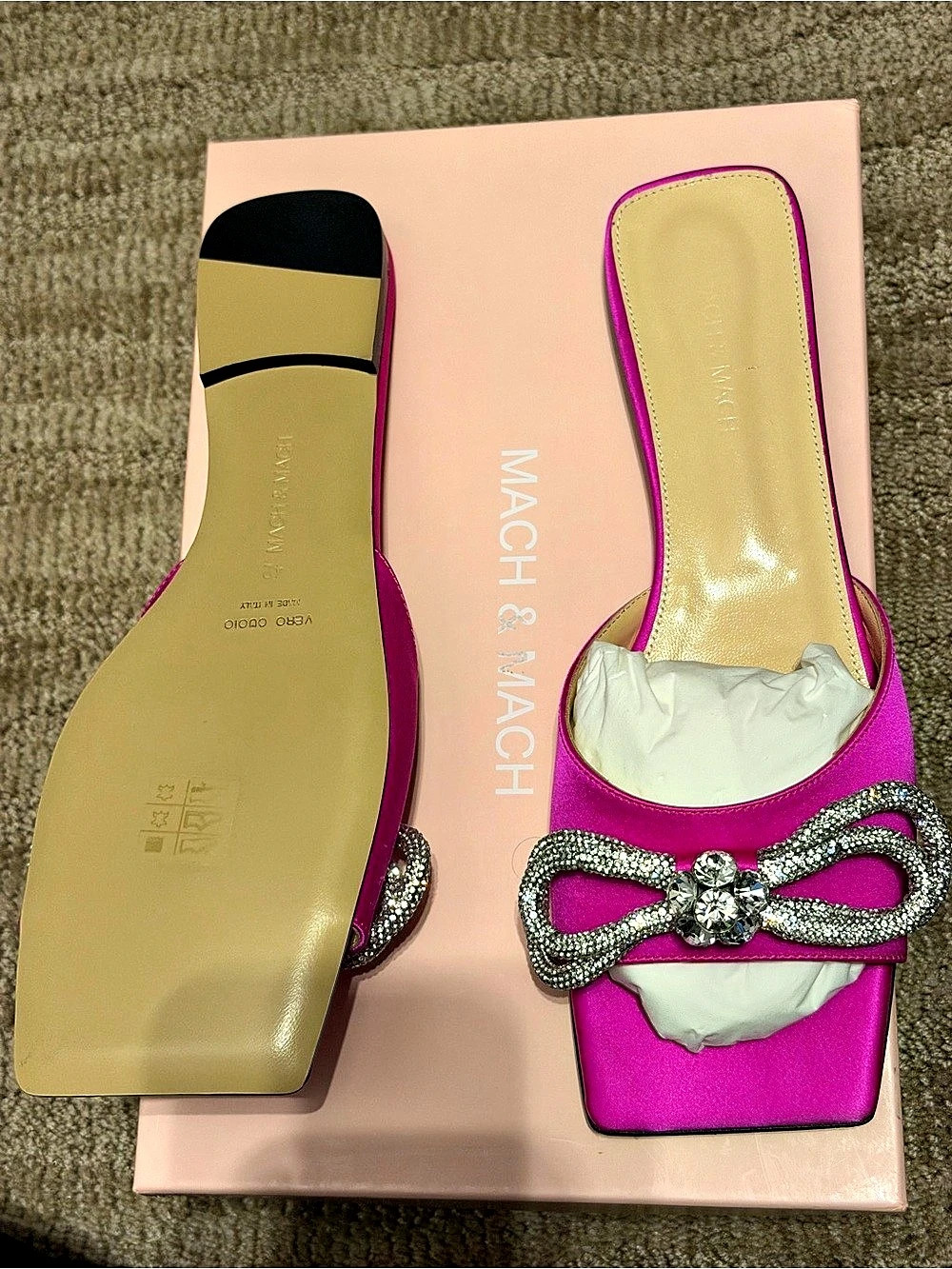 Mach & Mach Double Bow Satin Flat Slide Sandal in Fuchsia